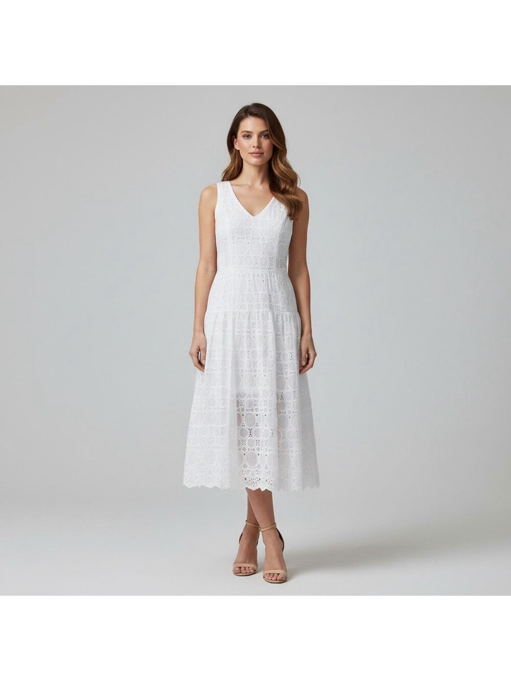Jones New York White Sleeveless Eyelet Midi Dress Size 10